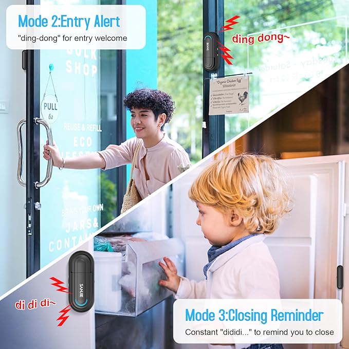 SanJie Door Alarm for Kids Safety with Remote,Wireless Door Chimes When Door Opens for Home/Dementia Patients/Pool,0-120 dB Volume Ajustable 4 Working Modes(2 Remote & 2 Sensor)