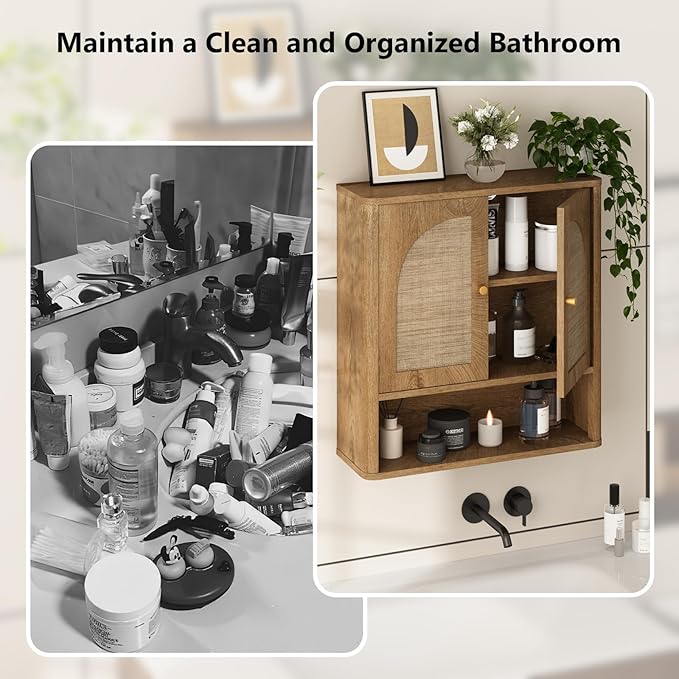 RUSTOWN Rattan Bathroom Wall Cabinet, Over The Toilet Storage Cabinets with 2 Arched Doors, Modern Medicine Cabinet with Adjustable Shelf & Rounded Edges, Mid-Century Bathroom Organization