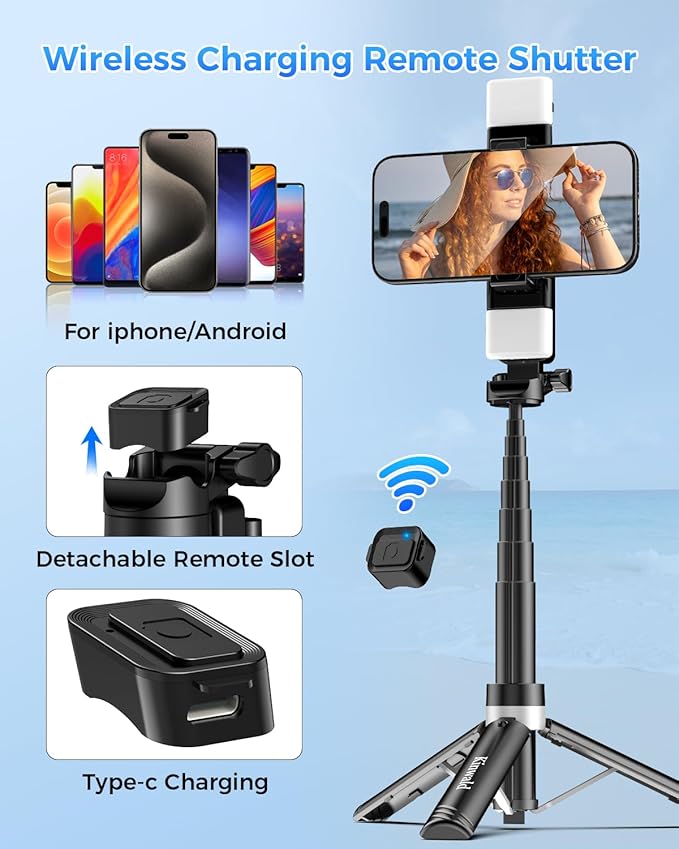 Kinwald 3-in-1 Phone Tripod with LED Lights & Remote, Extendable Selfie Stick Tripod Stand, Compact Portable with Bluetooth Remote for iPhone/Android Vlogging & Photography (Black)