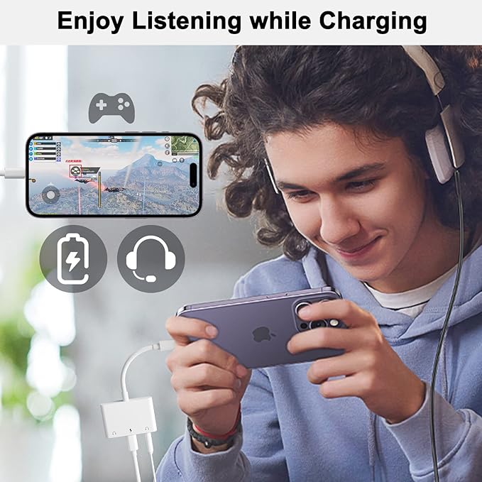 Unitrox 3 in 1 Dual 3.5mm Headphone Jack Adapter - Earphone Jack Audio and Charging Adapter - Headphone Splitter for iPhone 14/13/ 12/11/ X/ 8 - White