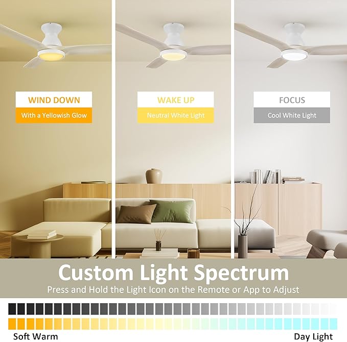 SMAAIR Smart Ceiling Fans with Lights Damp Covered, Solid Wood Flush Mount, Tri-Color Temperatures LED Dimmable,Quiet Reversible Motor, Works with Alexa|Google Assistant|Siri Shortcuts (52inch, White)