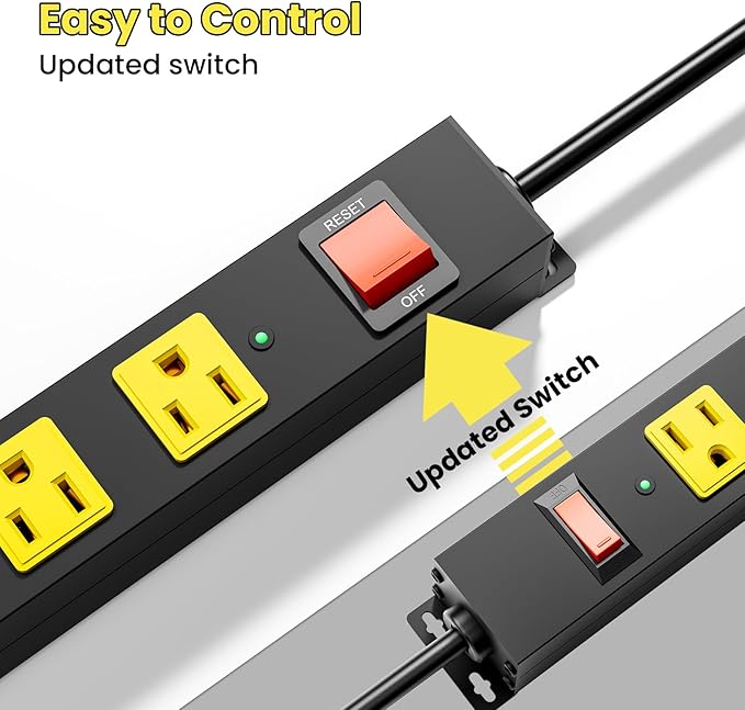 10 Outlet Metal Power Strip with 2100J Surge Protector, Heavy Duty 10FT Extension Cord, Wide Spaced Outlets and Wall Mount for Garage, Workshop, Industrial, Home (10ft)