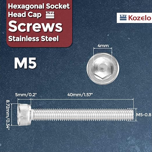 Kozelo 25pcs Socket Head Cap Screws - [M5-0.8 x 40mm] 304 Stainless Steel Allen Socket Drive for Electrical Motor 3D Printing Fan Engine Replacement Use, Silver