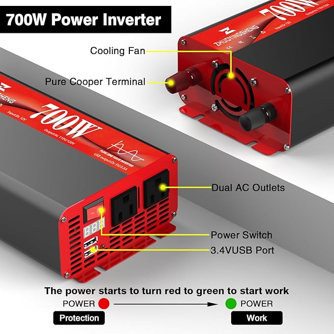 700W Pure Sine Wave Inverter 12V DC to 120V AC – 1400W Peak, Power Inverter with 2 AC Outlets + Dual 3.4A USB Ports, Display, Auto Recovery & 6 Protections for RV, Truck, Camping, Home Backup