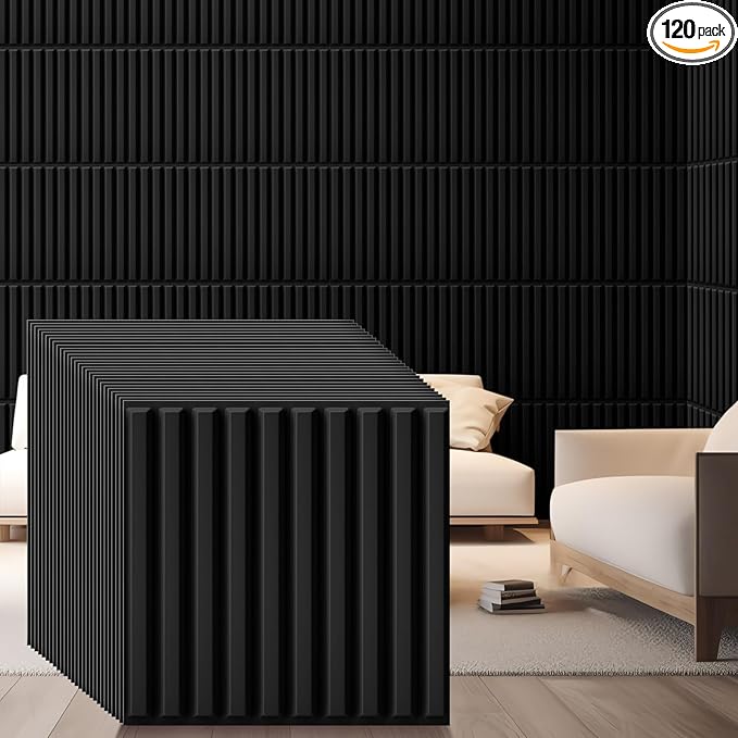 Nuanchu 120 Pcs 3D Slat Wall Panels 12 x 12 Inch PVC Fluted Textured Panel Cuttable Paintable DIY Wall Art Decorative Tiles for Ceiling Studio Bathroom Interior TV Background (Black)
