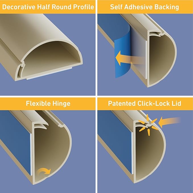 D-Line 31.4in TV Cord Hider, Patented Half Round Cable Cover, Hide Wall Mount TV Wires, Hinged One-Piece Cable Concealer, Adhesive, Decorative Raceway - 2X 1.18in W x 0.59in H x 15.7in L - Beige