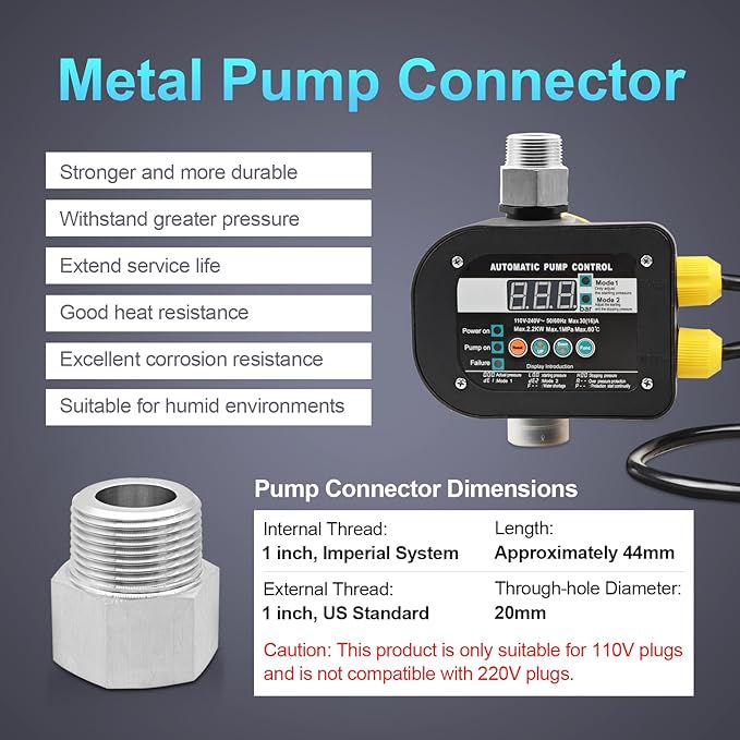 OELFFOW Smart Pump Controller with 2 Metal Pump Connector, BSPP G1 Threaded Interface, 2 Modes Digital Display, Adjustable Pressure, High Power, for Home, Garden, Industrial Use
