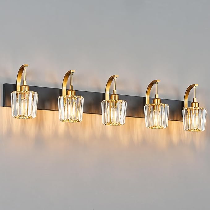 FDPBY Modern Bathroom Vanity Light, 5-Light Black Gold Wall Sconce with Crystal Accents, Over Mirror Bathroom Lighting Fixture, 42.52" Long Dimmable Vanity Lamp for Makeup, Easy Installation