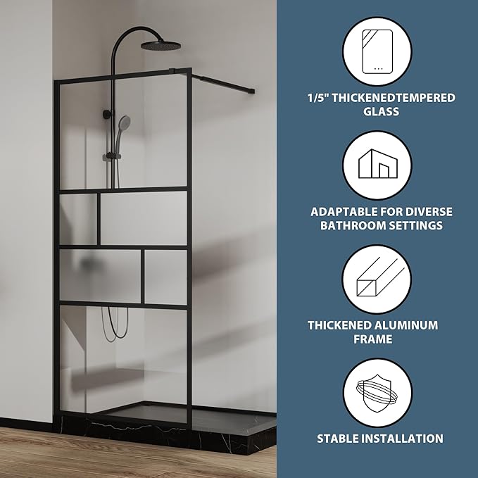 Goodyo 34” X 72” Shower Door Tempered Glass Framed Shower Screen Panel for Walk-in Bathroom Matte Black Finish, Middle Glass Frosted Pattern, 3-Pieces Glass