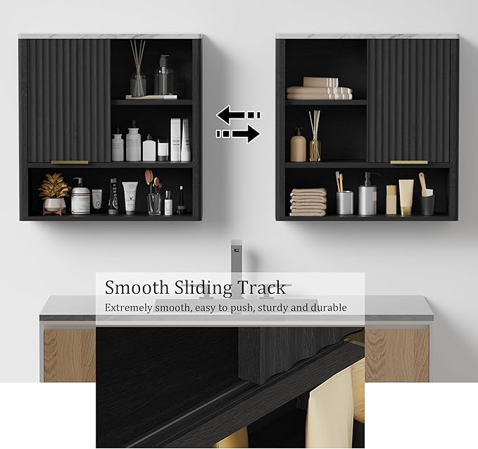 Bathroom Wall Cabinet, Fluted Medicine Cabinet with Adjustable Shelves, Wood Over The Toilet Storage Cabinet for Kitchen, Living Room, Laundry Room, Black