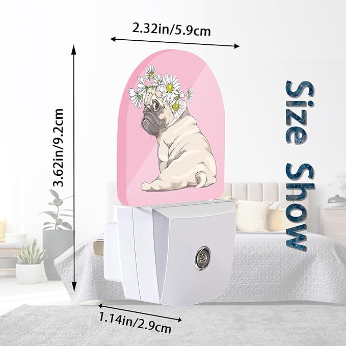 Axxitude Puppy Pug Chamomile Flowers Night Lights Plug into Wall for Girls Boys Room,Night Light LED Lamp Dusk to Dawn Sensor Round Lamp for Bedroom Bathroom Hallway Home Wall Decor Nightlight