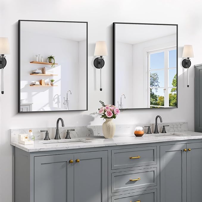 Black Bathroom Mirror for Wall, 24x32 Inch Rectangle Mirror with Metal Frame, Modern Vanity Mirrors for Bathroom Living Room, Entryway Hangs Horizontal or Vertical