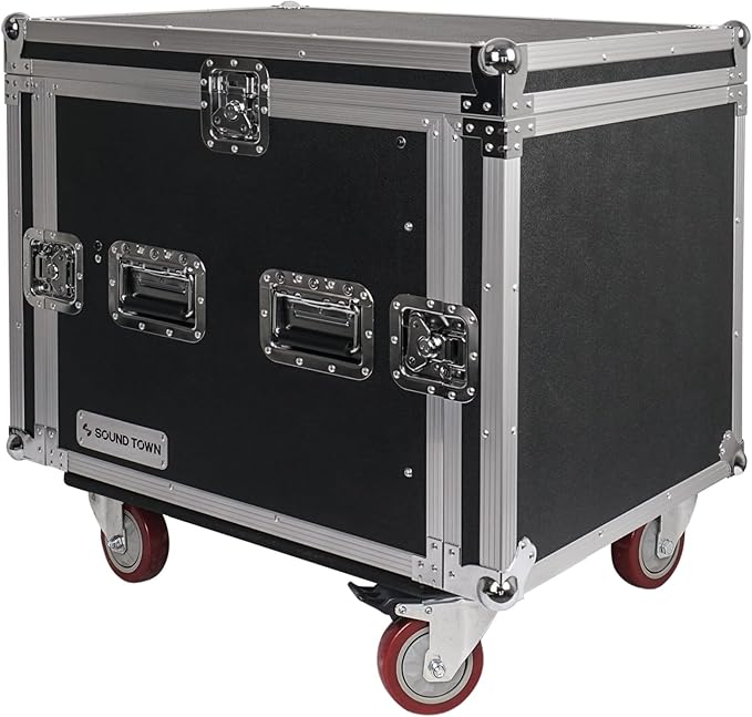 Sound Town Enhanced Thickness 1/2" (12mm) Plywood 10U Audio Rack/Road Case with 14U Slant Mixer Top, 25’’ Rackable Depth and Casters-Pro Tour Grade (STMR-DE10UW)