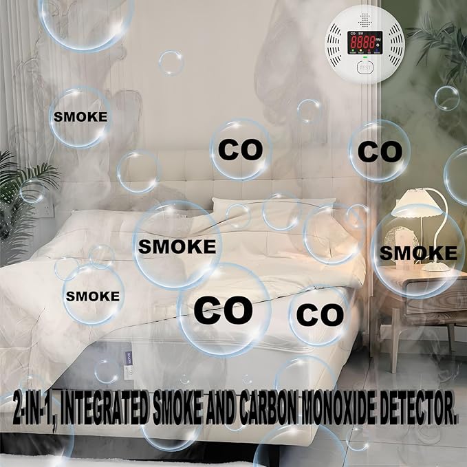 Vzmcov Carbon Monoxide and Smoke Detector Equipped with LCD Display, Battery Powered, Dual Sensor Alarm, 85dB Voice Alarm and Real-time CO Tracking, Suitable for Home/Kitchen/Bedroom/RV 1-Pack