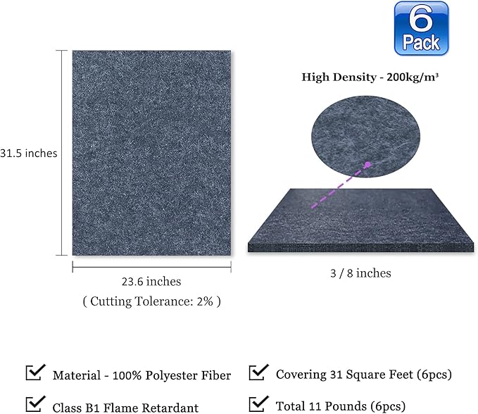 BXI Sound Absorber - 31.5 X 23.6 X 3/8 Inches 6 Pack High Density Acoustic Absorption Panel, Sound Absorbing Panels Reduce Echo Reverb, Tackable Acoustic Panels for Wall and Ceiling Acoustic Treatment