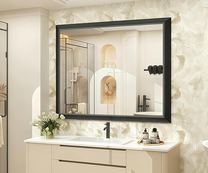 SMIROR Matte Black Bathroom Mirror for Over Sink 48x 40 inch, Metal Thick Frame Rectangle Vanity Mirror for Wall, Anti-Rust, Horizontally or Vertically Mounted