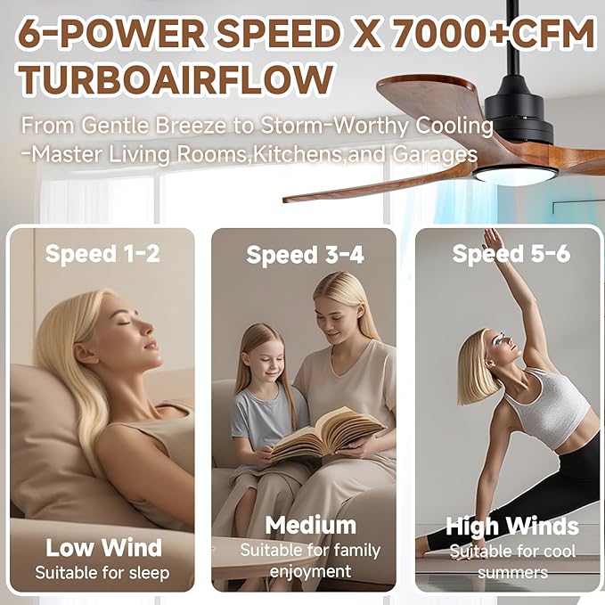 Gaizw 52 Inch Ceiling Fans with Lights and Remote Control,Quiet DC Motor 3 Blade Ceiling Fan with Light for Bedroom,Patio Living Room,Office,Indoor and Outdoor Fan, Walnut Wooden Fans of Ventilation