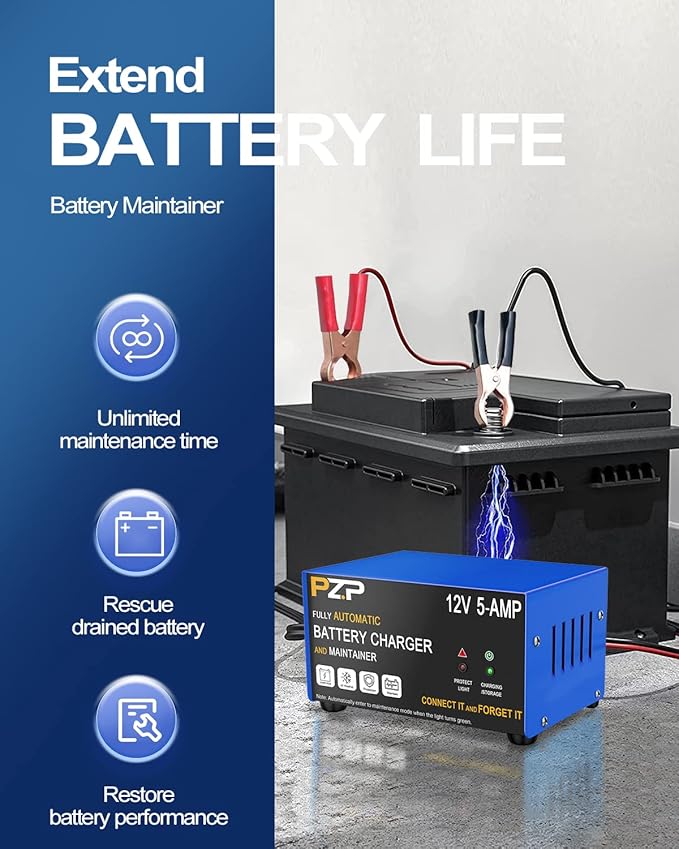 12v Smart Car Battery Charger, 5Amp Fully-Automatic Trickle Charger, Battery Desulfator with Auto Repair, 12 Volt Battery Maintainer, Winter Mode, Suitable for AGM, Deep Cycle, Lawn Mower, RV
