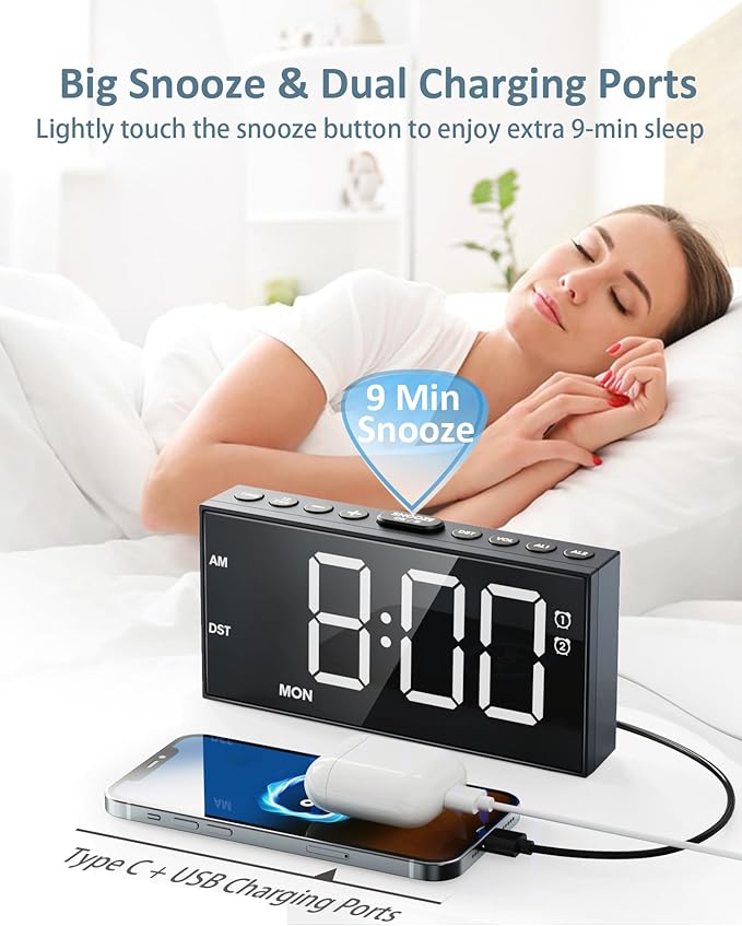 Alarm Clock for Bedroom Heavy Sleepers, Dual Alarms,Weekday/Weekend/Everyday,7.5''LED Large Display,5 Dimmer,Digital Clock with Snooze, 5 Volume,Type C & USB Chargers,Snooze,Battery Backup,Easy to Use