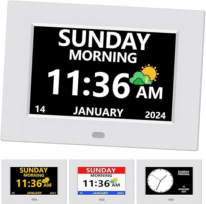 LXBYJKJ 7 Inch Digital Clock with Day and Date for Elderly Alzheimer's Clock Customizable Alarms 3 Display Modes Large Font Alarm Clock for Seniors Auto DST White