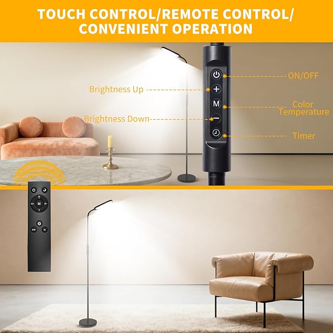 CeSunlight CRI95+ Floor Lamps for Living Room, 18W 3000LM Standing Lamp with 3 Color Temps, Gooseneck Adjustable Dimmable Lamp with Remote, Touch Control for Bedroom, Office, Tattoo Light