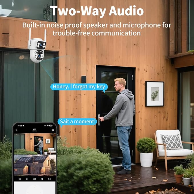 DZCCTVIPC Dual-Lens 2K Smart Indoor/Outdoor Security Camera, 5GHz Wi-Fi, 360° AI Motion Tracking,Color Night Vision,IP65 Weatherproof, 2-Way Audio,24/7 Recording,Works with Alexa & Google (No SD Card)