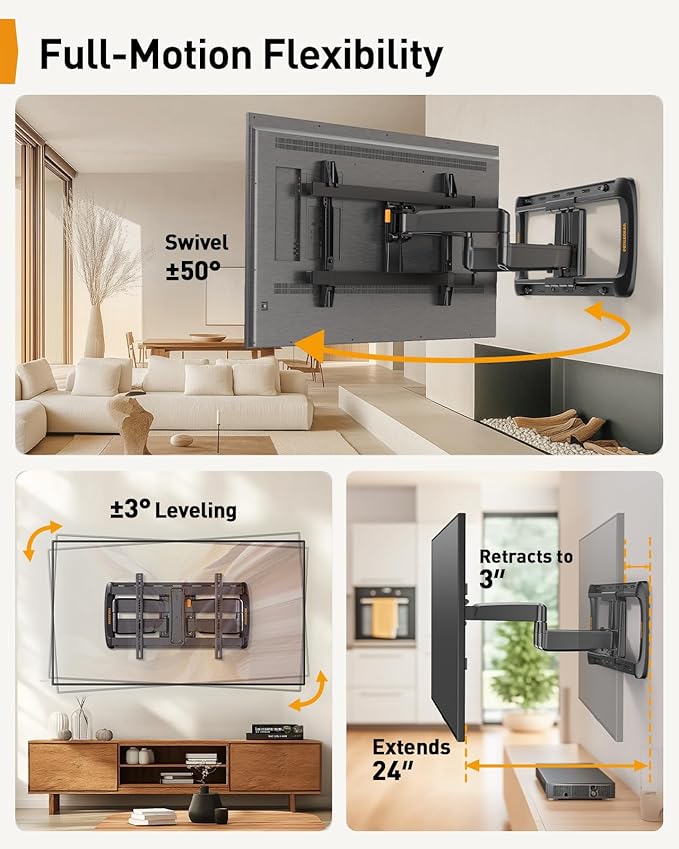 Perlegear Full Motion Sliding TV Wall Mount for 42-95 inch TVs up to 150 lbs with Cable Management, Fits 12″/16″/24″ Wood Studs, Swivel TV Mount Bracket, Tool-Free Tilt, Max VESA 600x400mm PGTVM41B