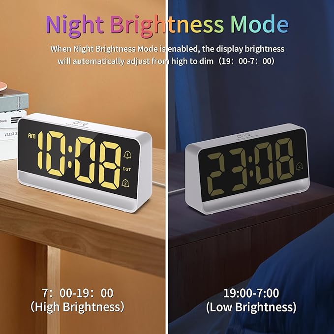 Alarm Clocks for Bedrooms, Digital Bedside Clock with RGB Night Light, Adjustable Volume for Heavy Sleepers, USB Charger, Large Display, Modern Decor for Desk, Dimmable Alarm Clock for Kids(Colorful)