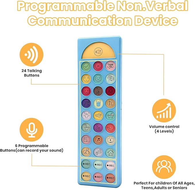 AAC Device for Autism, Non Verbal Communication Tools for Speech Therapy & Stroke Rehab, 24 Pre-Installed & 6 Programmable Buttons, Adjustable Volume, Sensory Autism Toys for Kids and Adults