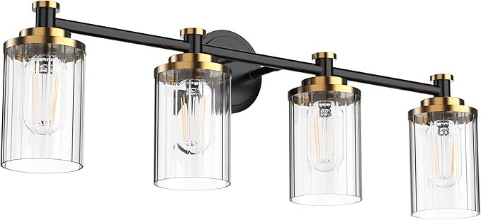PHIXART Bathroom Lighting Fixtures Black and Gold Bathroom Vanity Light with Cylindrical Clear Stripes Glass Lampshade E26 Socket Base Bathroom Lighting Fixtures Over Mirror (4 Lights)