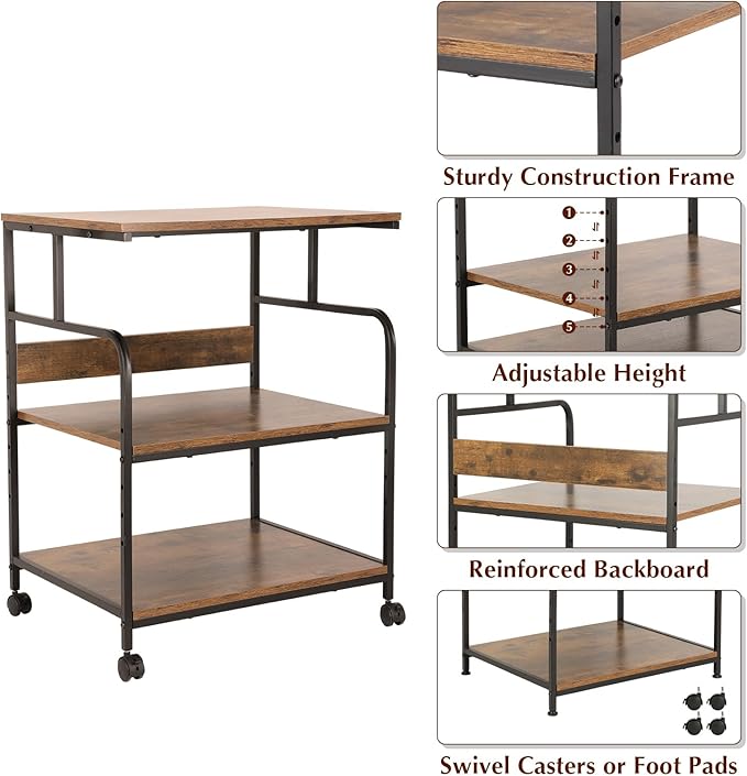 GCCSJ Large Printer Stand，3 Tier Printer Cart with Adjustable Storage Shelf，23.6 x18.9 x 29.5 inches Printer Stand for Home Office, Stands for Heat Press Scanner Fax, Industrial Style, Brown