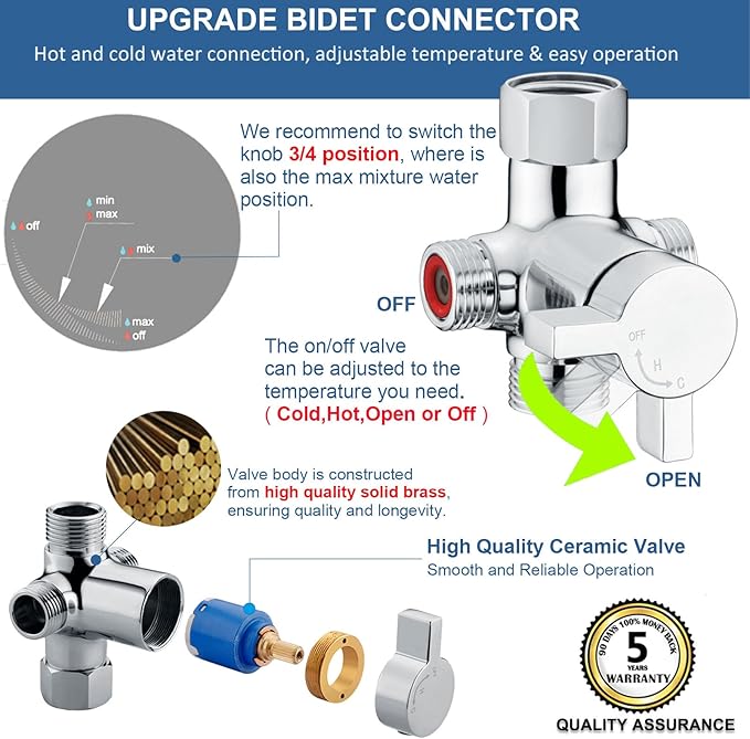 SonTiy Hot and Cold Bidet Mixing Valve Kit, Upgrade Brass 4 Way Warm Bidet T-adapter valve for Handheld Toilet Sprayer Seat Bidet Attachment with Two Tee Connector and 79inch Shower Hose