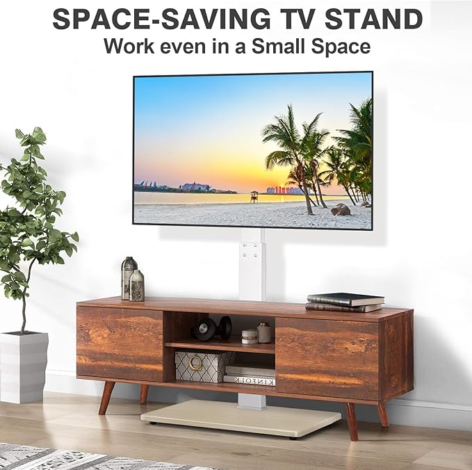 TV Floor Stand for 32-75 Inch Plasma LCD LED OLED Flat Panel or Curved Screen TVs, Swivel TV Stand Mount with Height Adjustment and Sturdy Wood Base, White