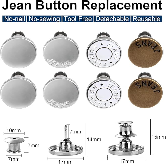 TOOVREN Upgraded 8 Sets Button Pins for Jeans Pants, No Sew Perfect Fit Jean Button Tightener Replacement Adjustable Reusable Metal Clips Snap Tack, Instant Reduce Too Big Pants Waist