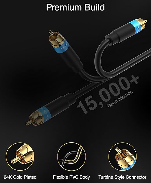 BlueRigger RCA Audio Subwoofer Cable (10FT - 2 Pack, Dual Shielded with Gold Plated RCA Connectors) – for Subwoofer, Amplifier, Home Theater