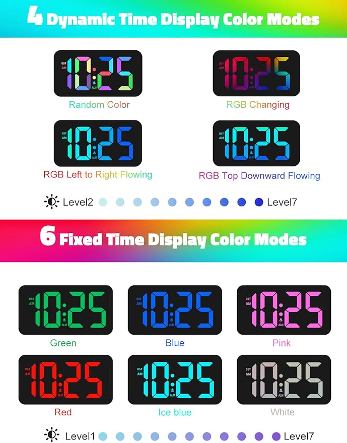Mesqool Wake Up on Time: Vibrating Alarm Clock with Bed Shaker, Loud Sound & Color Display – USB Charging, 8-Color Light, Battery Backup – Great for Heavy Sleepers, Seniors & Hearing Impaired