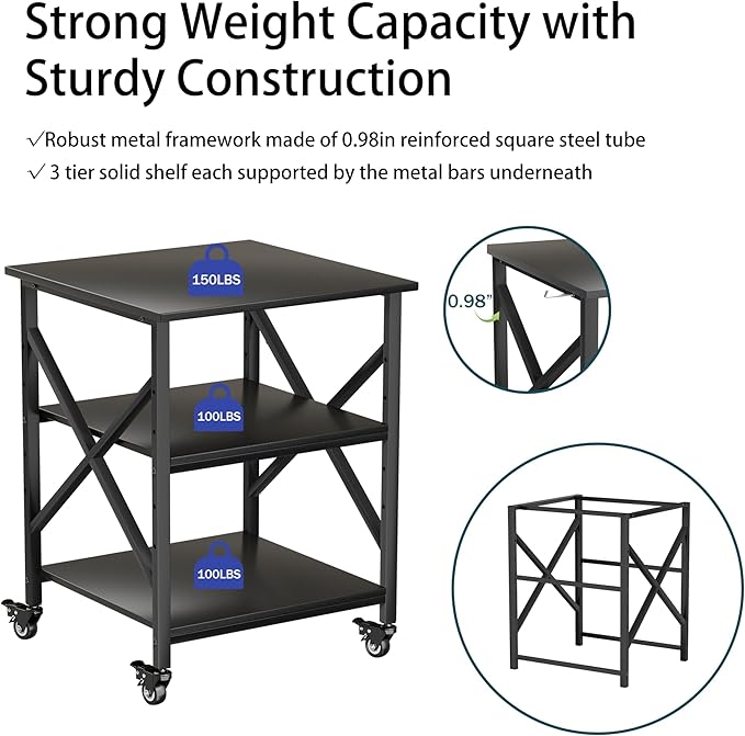Printer Stand, 23.6 x 23.6 Inches Large Printer Stand with Adjustable Storage Shelf, 3 Tier Printer Table for Home Office, Rolling Printer Cart with Industrial Wheels, Mini Fridge Stand Table, Black