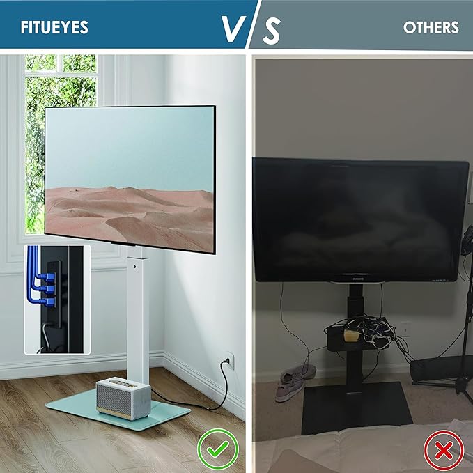 FITUEYES Floor TV Stand for 32-75 inch TV with Power Outlet, Tall TV Stand for Bedroom Living Room with Tempered Glass Base, Floor TV Mount Holds Up to 88lbs MAX VESA 600x400mm,Black