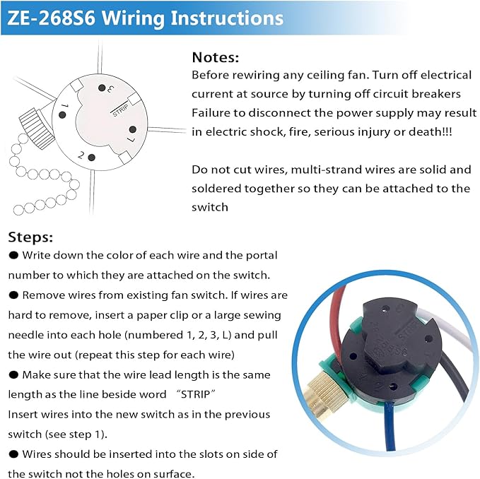Ceiling Fan Switch, 4 Wire Zing Ear ZE-268S6 Pull Chain Switch Replacement 3 Speed Control Switch Compatible with Hunter Ceiling Fans, Wall Lamps, Cabinet Light (Nickel Pull Chain)