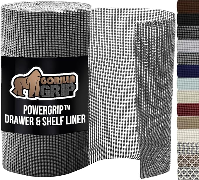 GORILLA GRIP powerGRIP Drawer Shelf and Cabinet Liner, Thick Strong Hold, Non-Adhesive Liners Protect Kitchen Cabinets and Cupboard, Bathroom Drawers, Easy Install, Breathable Mat, 24" x30', Gray