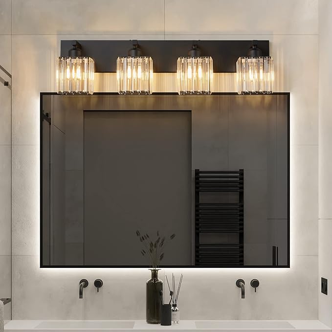 FDPBY Modern Bathroom Vanity Light 4-Lights Modern Black Crystal Wall Light Bathroom Vanity Light Fixtures
