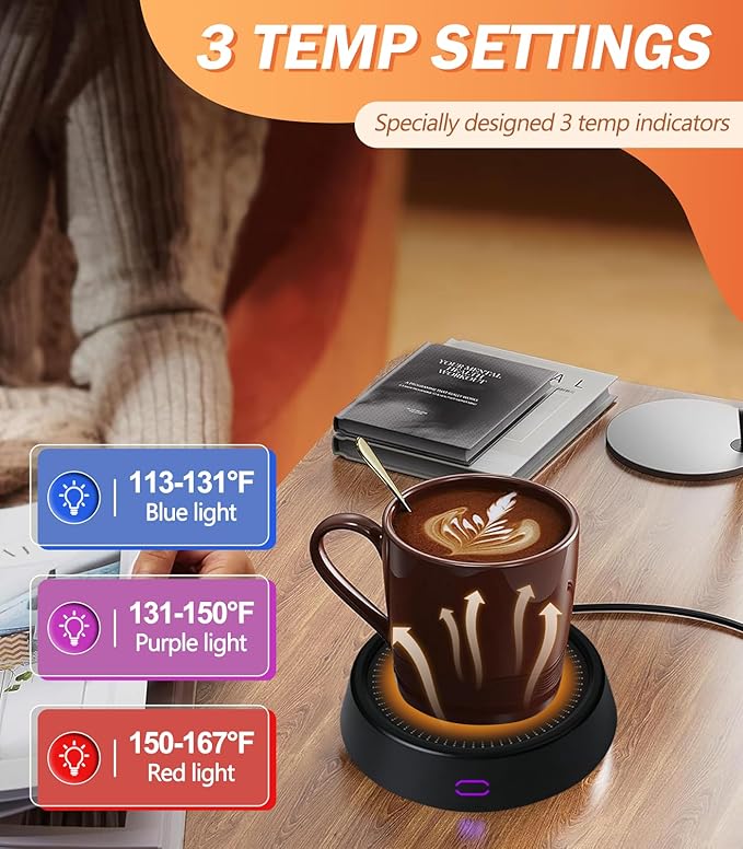 Kepwam Mug Warmer - 25W Coffee Warmer for Desk Auto Shut Off, 3-Level Temp with Indicator Lights, Smart Candle Warmer Plate, Cup Warmer Heated Coaster for Coffee, Milk, Tea, Safely Use for Office/Home