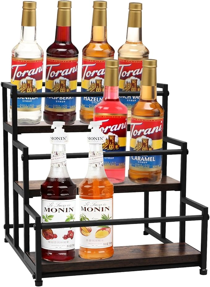 STAEVER Coffee Syrup Rack - 3-Tier 12 Syrup Bottles Holder - Liquor Bottle Display Shelf - Kitchen Cabinet Organizer for Jars, Condiments - Wooden Countertop Organizer for Seasonings, Tea, or Coffee