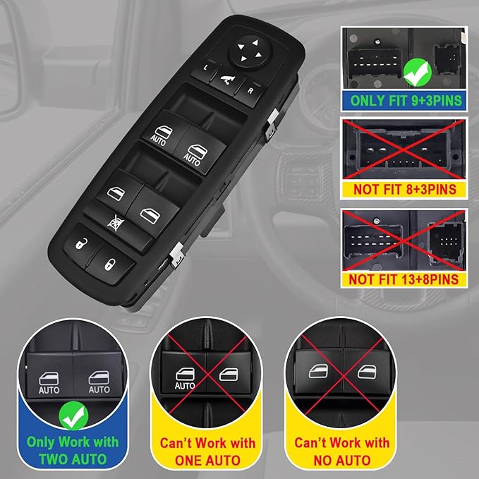 AMICAREP Master Power Window Switch Driver Side Compatible with 2012-2015 Dodge Grand Caravan Ram 1500 2500 3500 Chrysler Town & Country Replaces# 68110867AB (9+3 Pin; w/Power Folding Mirror; 4 Door)
