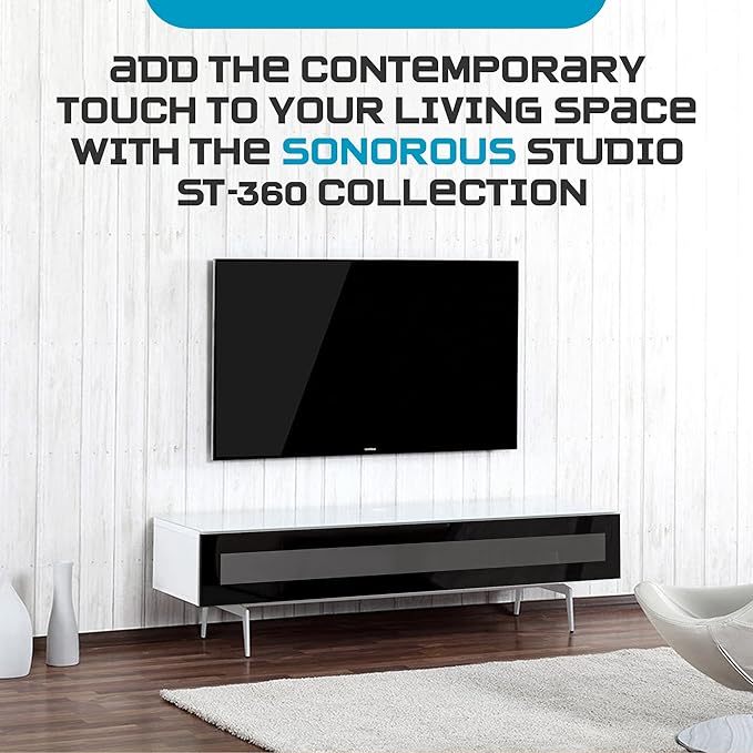 SONOROUS ST-360 Premium TV Stand for Living Room – Modern TV Stands & Entertainment Center with Storage – White Wood & Black Glass Cover – Luxury Media Console with Metal Legs for TVs up to 75 inches
