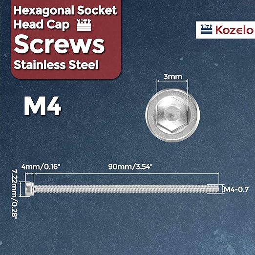 Kozelo 6pcs Socket Head Cap Screws - [M4-0.7 x 90mm] 304 Stainless Steel Allen Socket Drive for Electrical Motor 3D Printing Fan Engine Replacement Use, Silver