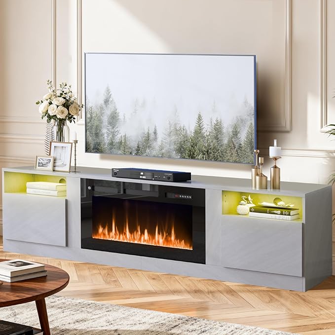 YISUFO 80” TV Stand with 36” Electric Fireplace, Large Modern Media Entertainment Center with Storage Cabinet and 12 Colors LED Lights for TVs Up to 90",Grey and Black