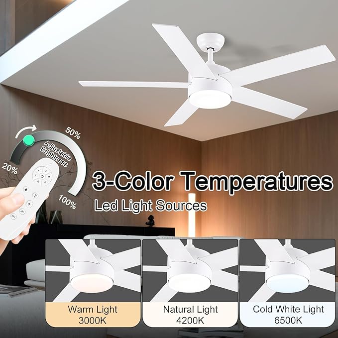 POCHFAN 52 inch White Ceiling Fans with Lights and Remote, Reversible 5 Blades Modern Ceiling Fan for Bedroom, Living Room, Dining Room, LED 3 CCT 6-Speed Noiseless, ETL Listed