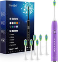 7AM2M Ultrasonic Electric Toothbrush with 6 Brush Heads for Adults&Kids, Type C Rehargeable, One Charge for 120 Days, 5 Modes&40000VPM Powered Toothbrush, 2 Minutes Built in Smart Timer (Purple)