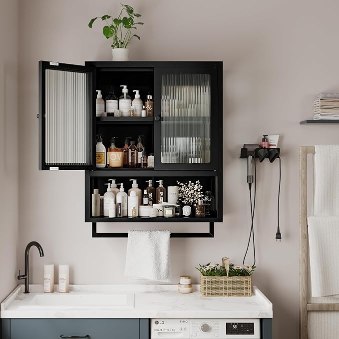 Bathroom Wall Cabinet, Over The Toilet Space Saver Storage Cabinet, Medicine Cabinet with 2 Glass Door and Towel Bar, Metal Wall Mounted Cabinet for Bathroom Laundry Room Kitchen